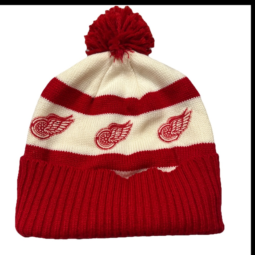 Redwings Hockey Logo White Red Pom Stripe Knit HAT Beanie  Winter Cotton CAP hat